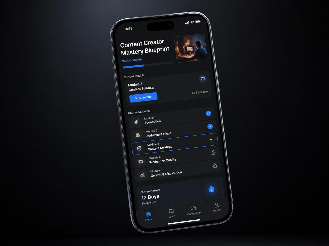 Smartphone showing a dark creator learning dashboard with modules and streak counter