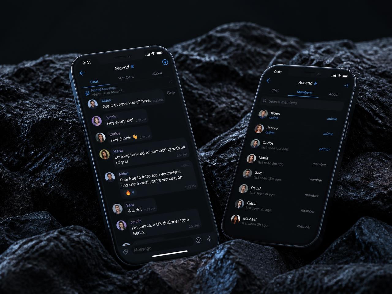 Two smartphones on dark rock showing a private creator community chat
