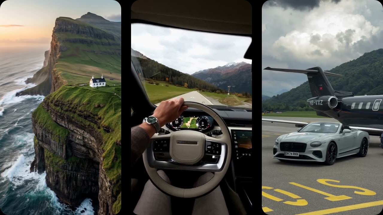 Cliffside road, driving a car and a private jet — the outcome of location-independent income