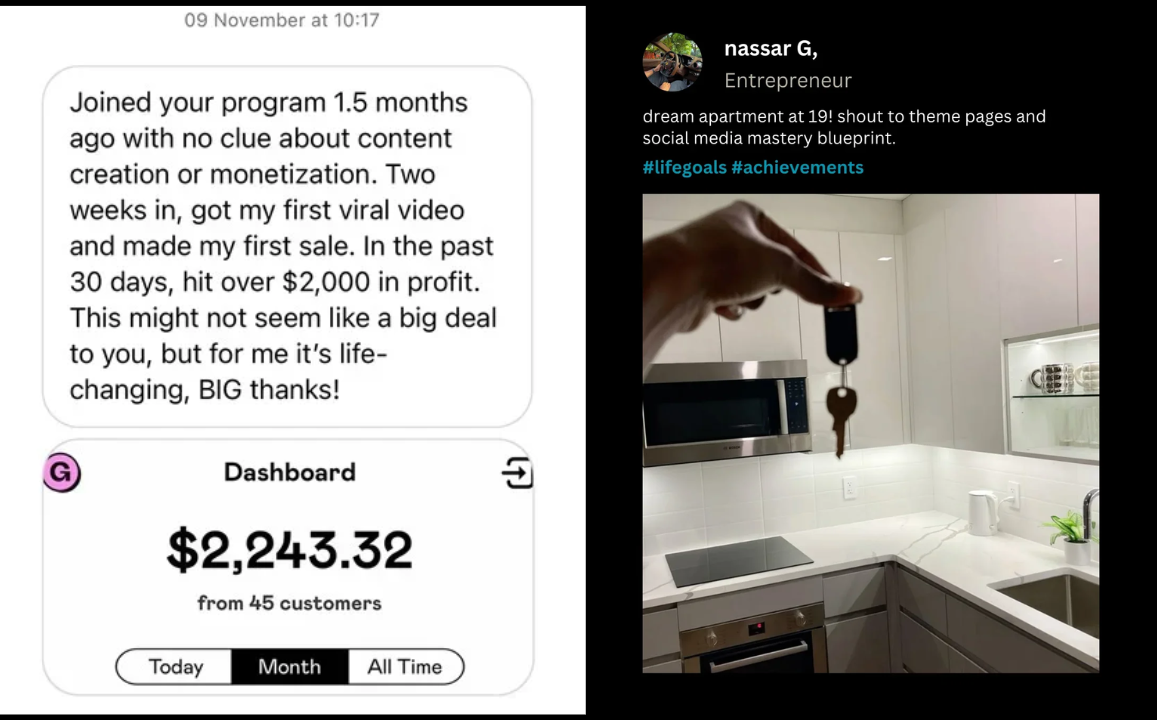 Message and earnings dashboard shared by Nassar G., Entrepreneur
