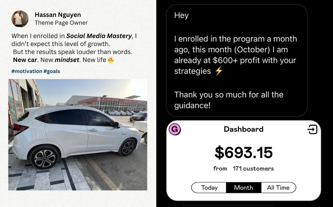 Message and earnings dashboard shared by Hassan Nguyen, Theme page owner