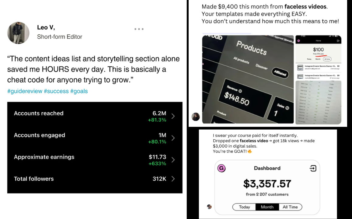 Message and earnings dashboard shared by Leo V., Short-form editor