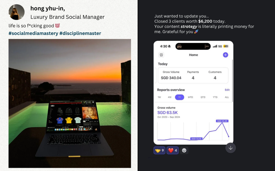 Message and earnings dashboard shared by Hong Yhu-In, Luxury brand social manager