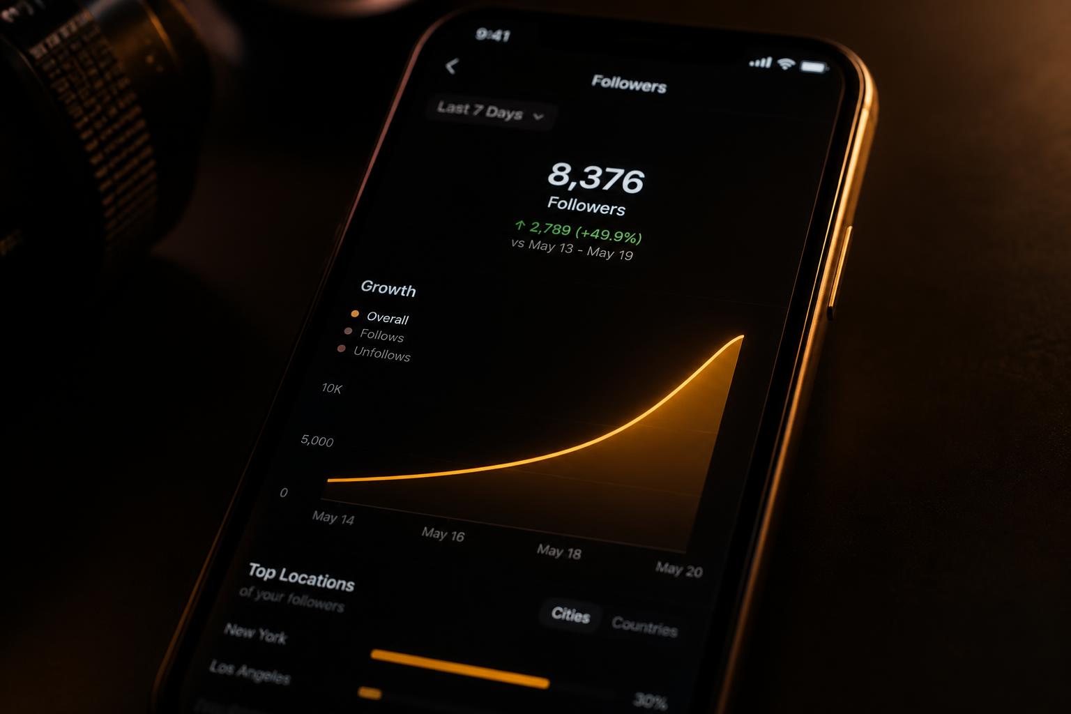 Phone showing a rising follower and revenue analytics chart
