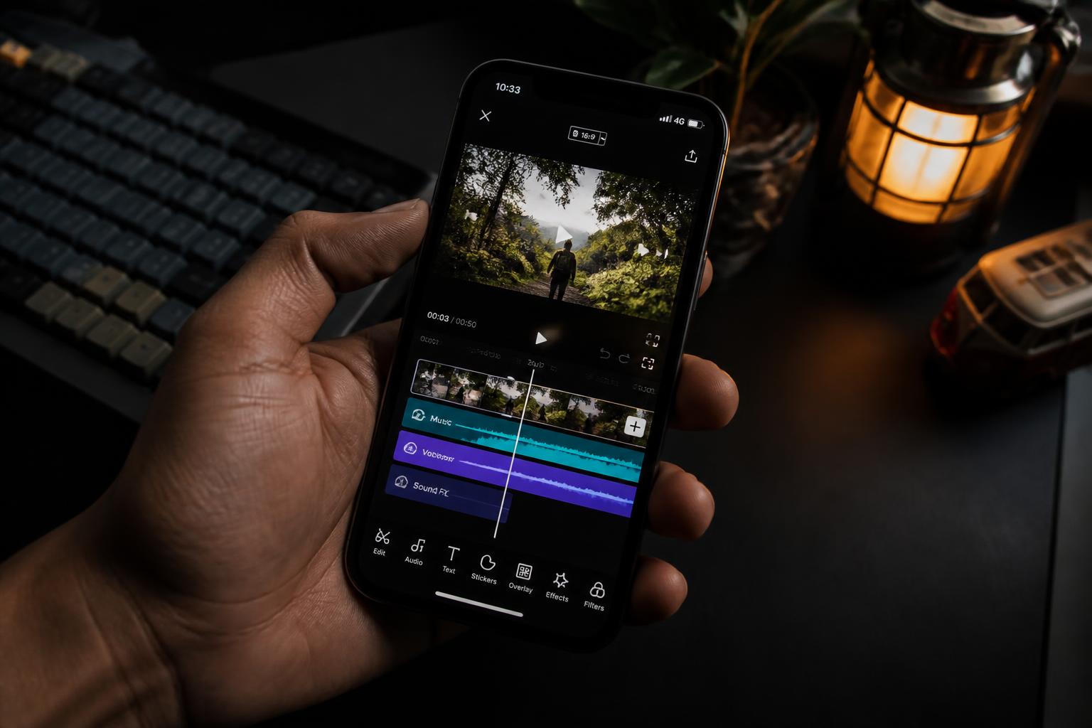 Close-up of a smartphone showing a vertical video editing timeline