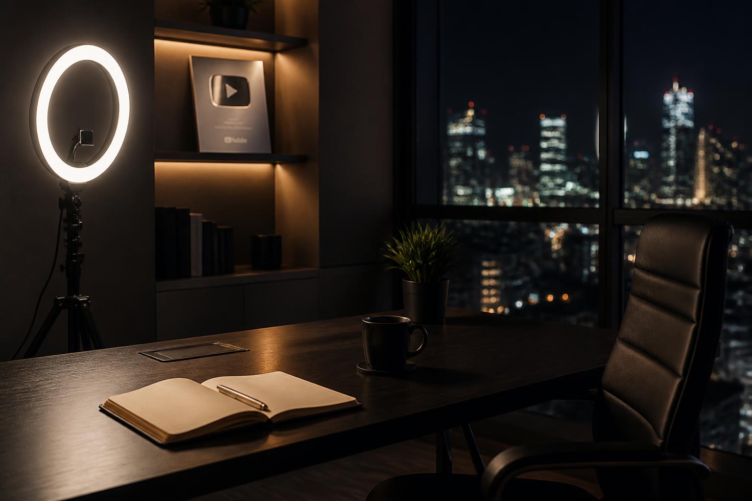 Minimal faceless creator workspace with tripod, notebook and laptop at night