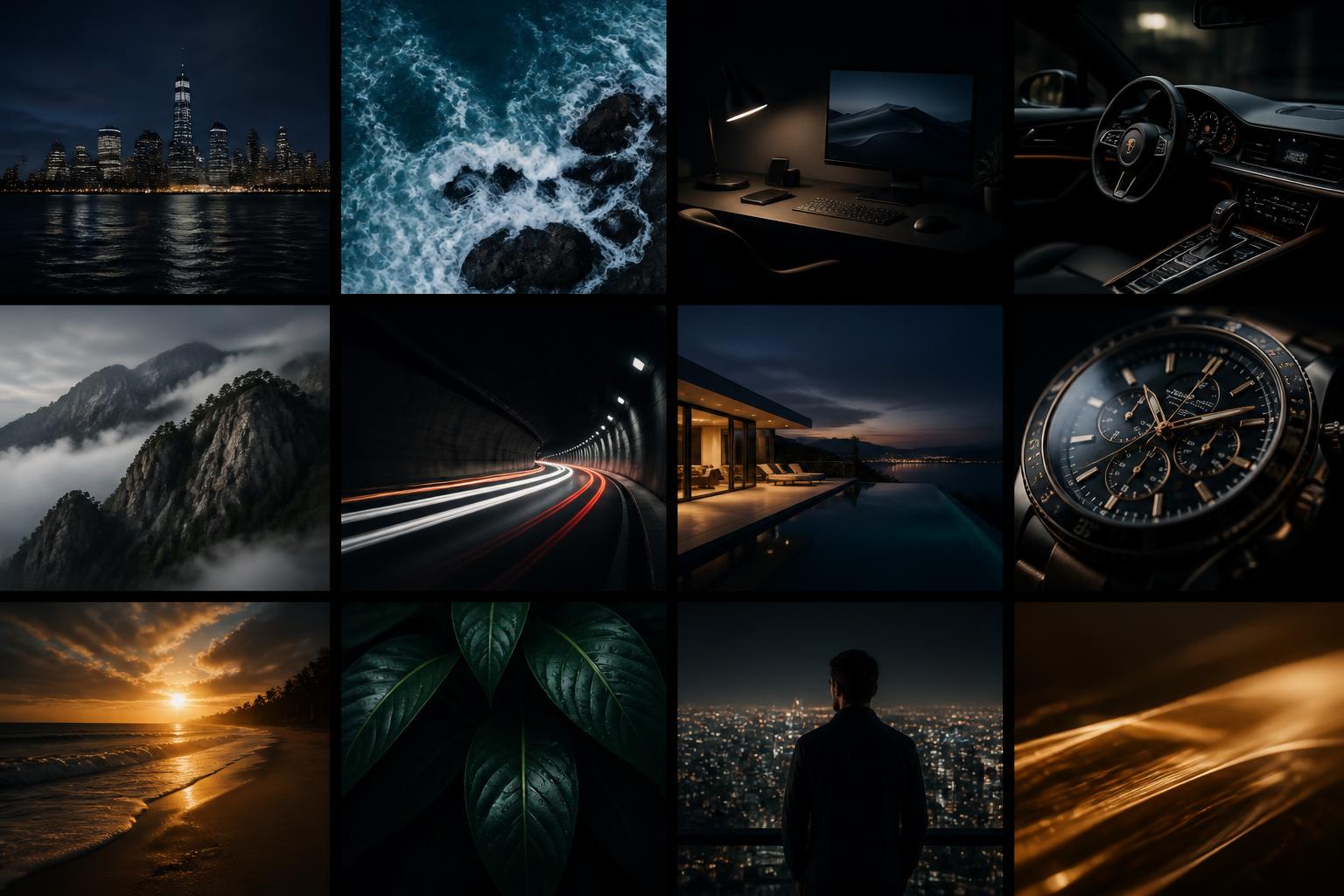 Grid of premium cinematic stock video thumbnails included with the program