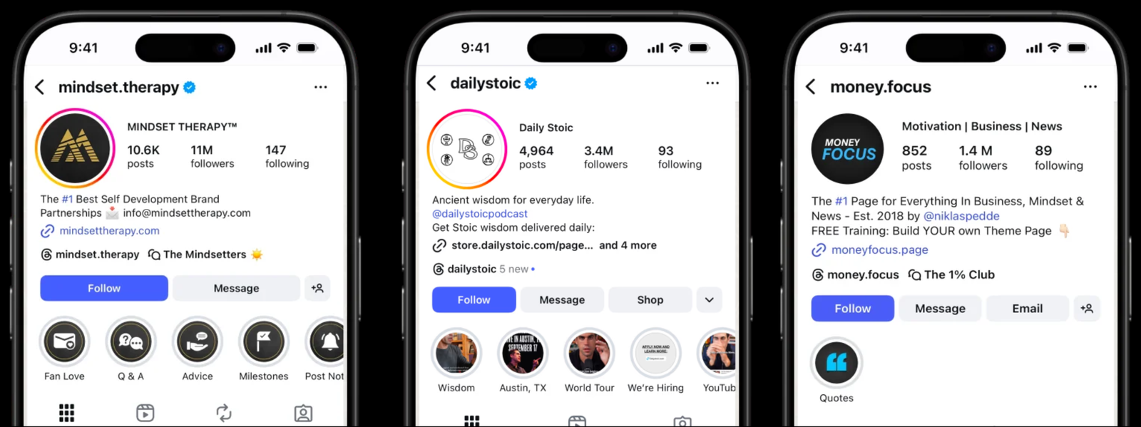 Three faceless theme page profiles with follower counts and highlight layouts
