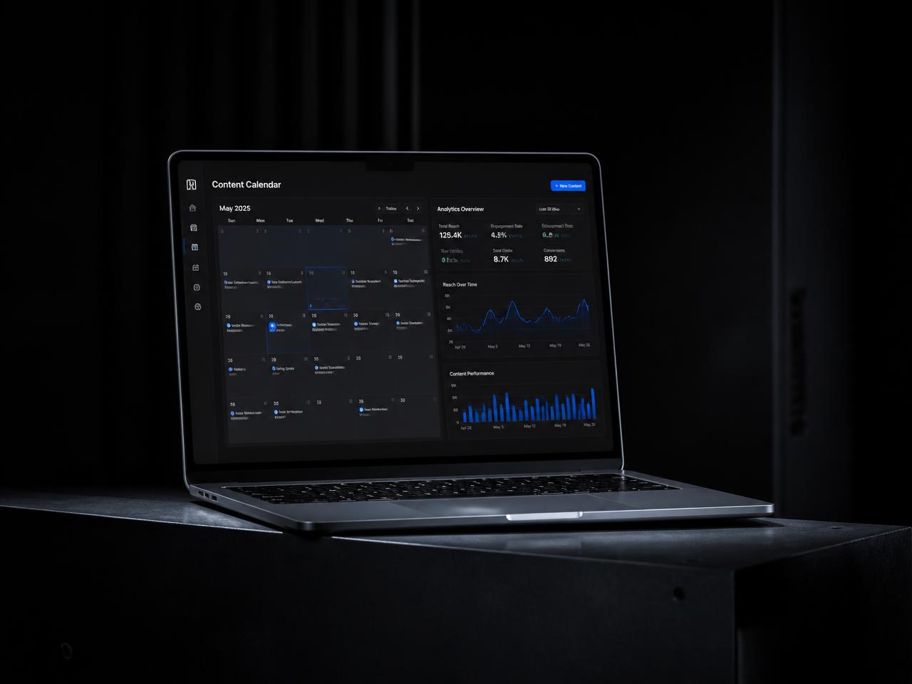 Laptop in a dark room showing a content calendar and analytics dashboard