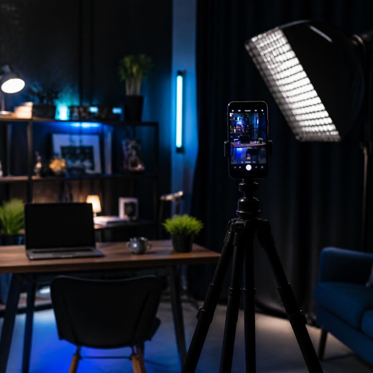 Faceless creator studio at night with phone on tripod and softbox lighting